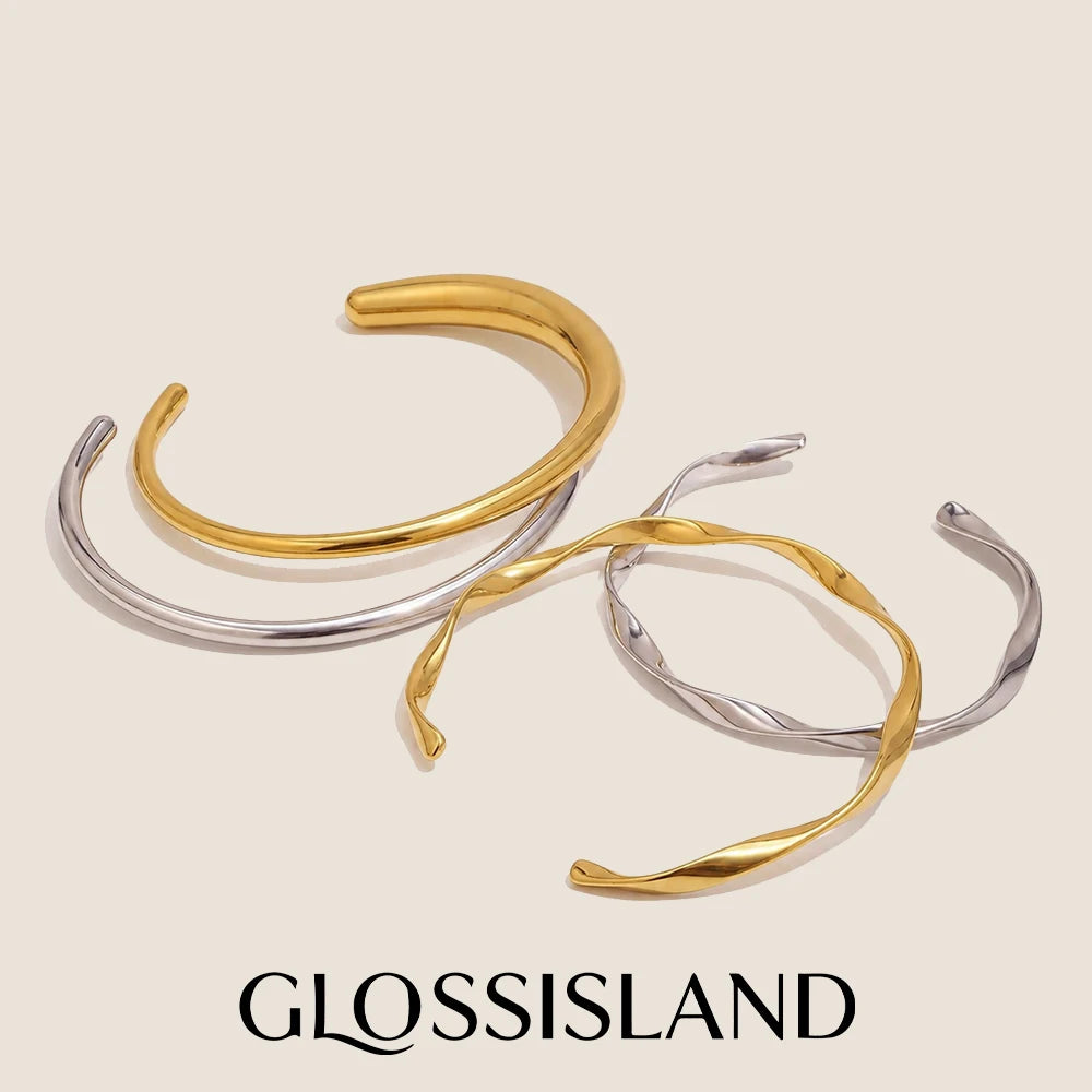 Glossisland 316L Stainless Steel Twisted Smooth Cuff Bangles 18K Gold Plated Waterproof Jewelry For Women Stackable Bracelet