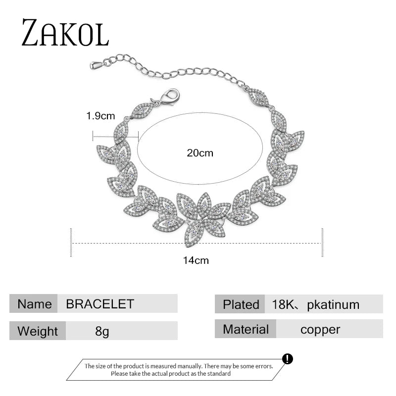 ZAKOL Fashion Zirconia Flower Charm Bracelets for Women Micro Paved Leaf Bracelet Bridal Wedding Party Jewelry