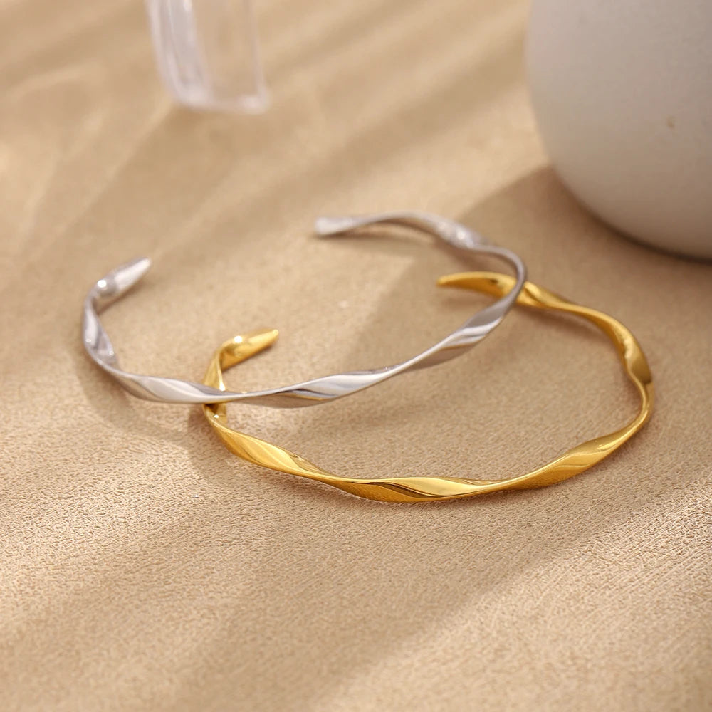 Glossisland 316L Stainless Steel Twisted Smooth Cuff Bangles 18K Gold Plated Waterproof Jewelry For Women Stackable Bracelet